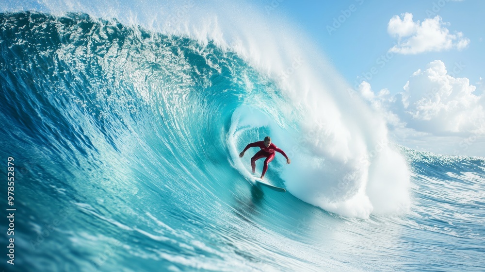 A surfer in a red wetsuit rides a turquoise wave, sunlight sparkling on the exhilarating ocean.