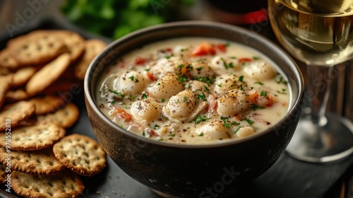 A bowl of creamy soup with crackers and a glass of white wine.