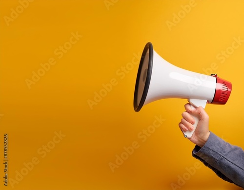 A hand holds a megaphone against a yellow background