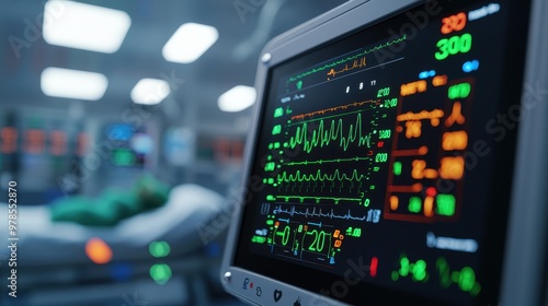 Close-up of a medical monitor displaying vital signs in a hospital room with a blurred patient in the background.