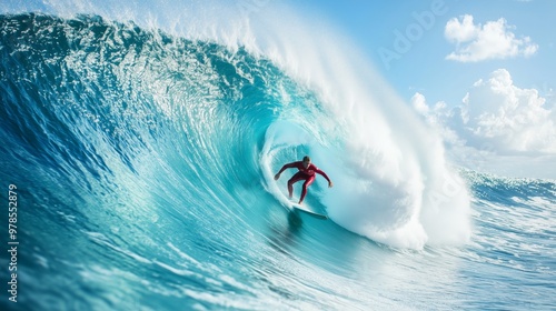 Obraz na płótnie A surfer in a red wetsuit rides a turquoise wave, sunlight sparkling on the exhilarating ocean. w salonie