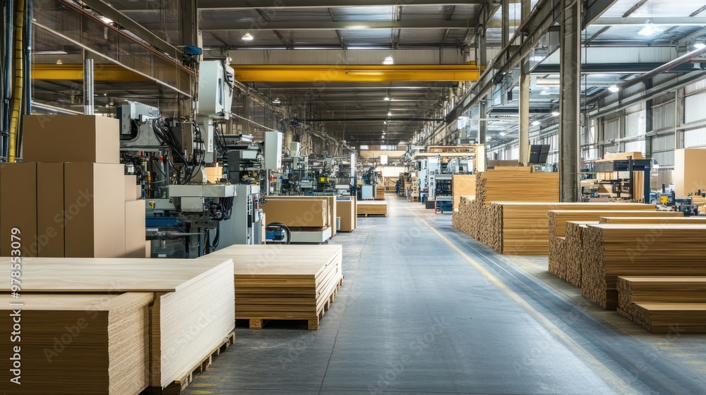 A spacious industrial workshop with wooden materials and machinery for production. A spacious industrial workshop with wooden materials and machinery for production.