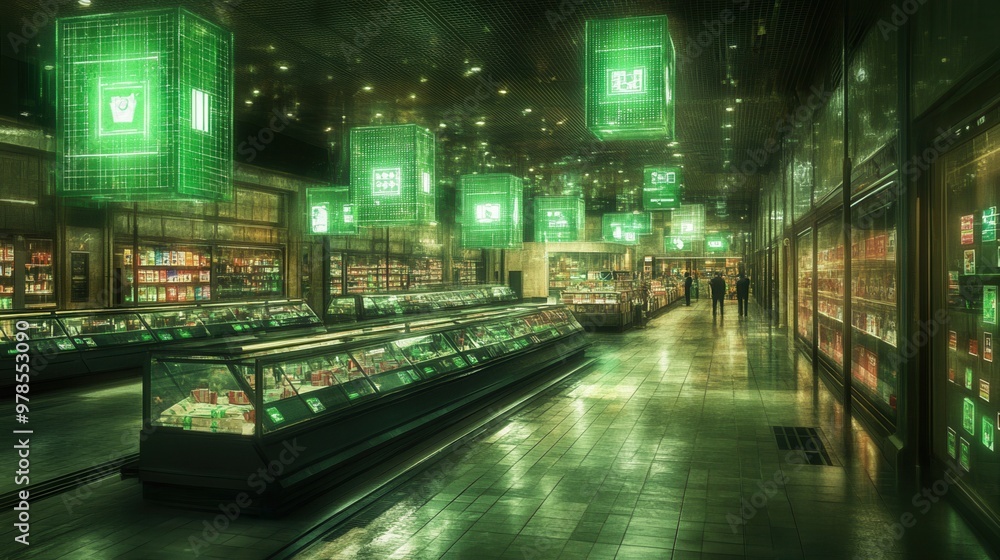 Obraz premium A modern grocery store interior featuring vibrant green lighting and neatly arranged display cases, creating an inviting atmosphere.