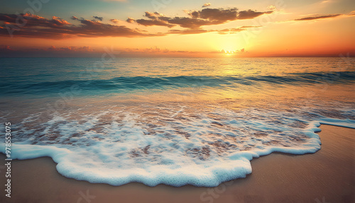 Crystal-clear turquoise waters with gentle waves lapping at a pristine beach under a golden sunset