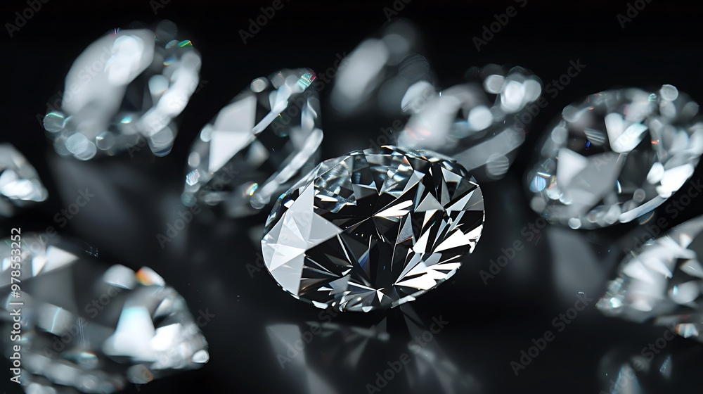 Collection of sparkling diamonds scattered on a black surface, showcasing their brilliance and facets. Collection of sparkling diamonds scattered on a black surface, showcasing their brilliance and facets.