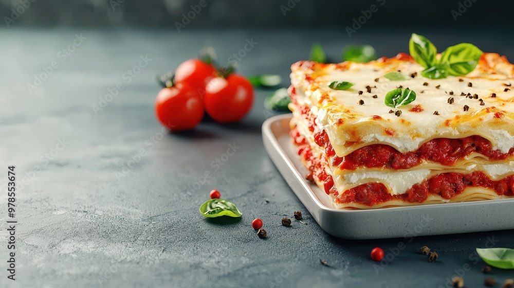 Delicious lasagna with layers of meat and cheese, garnished with fresh basil and served with ripe tomatoes on a rustic background. Delicious lasagna with layers of meat and cheese, garnished with fresh basil and served with ripe tomatoes on a rustic background.