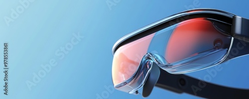 Close-up shot of modern eyewear with red-tinted lenses against a blue background, showcasing innovative design and style. photo