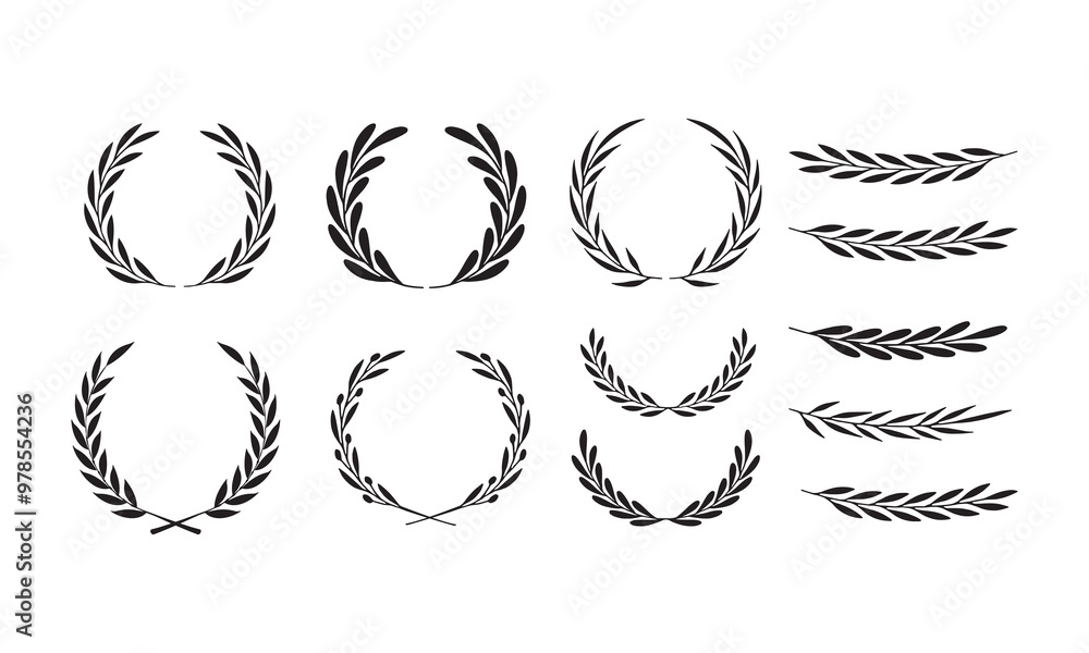 Laurel wreath silhouette vector collection and Minimal laurel sign vector icon logo and leaves decorative elements. Laurel wreath silhouette vector collection and Minimal laurel sign vector icon logo and leaves decorative elements.