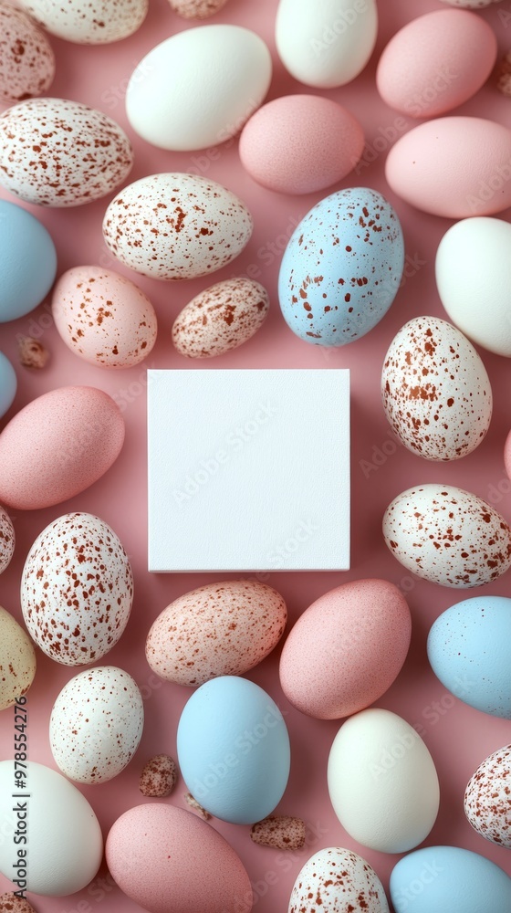 A minimalistic flat lay features an arrangement of colorful Easter eggs in shades of pink, blue, and white, surrounding a plain white card ready for personalized messages A minimalistic flat lay features an arrangement of colorful Easter eggs in shades of pink, blue, and white, surrounding a plain white card ready for personalized messages