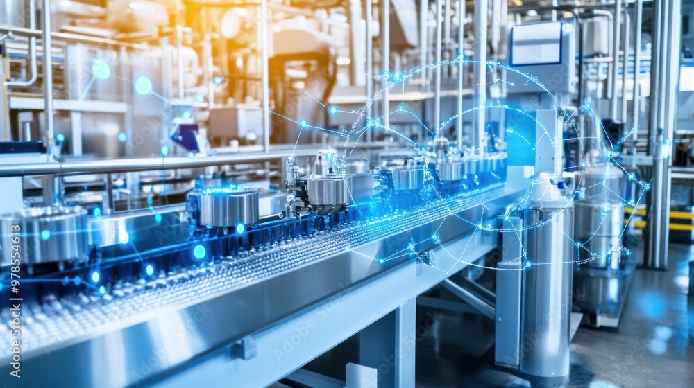 A modern industrial facility showcasing automated machinery on a production line. A modern industrial facility showcasing automated machinery on a production line.