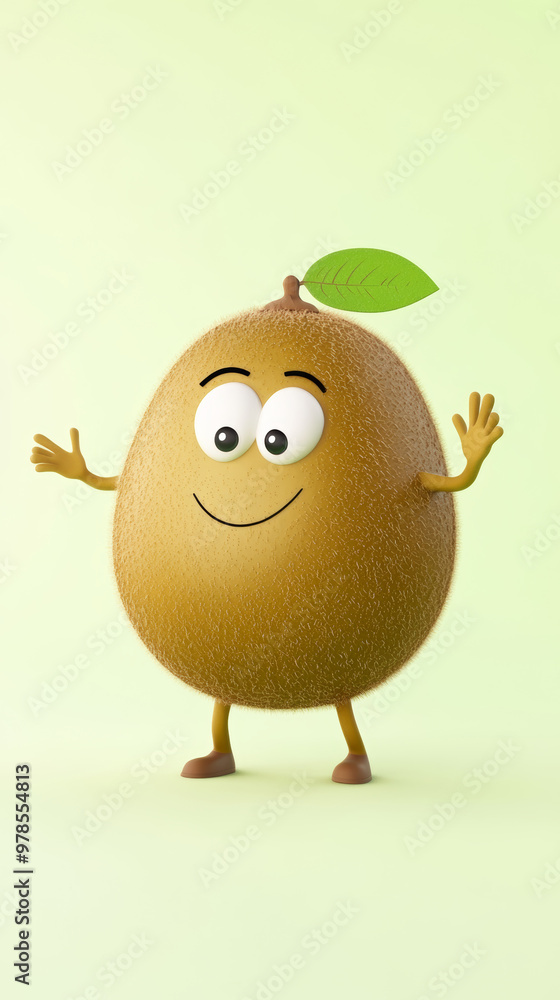 Cute animated character resembling a kiwi, smiling with arms outstretched against a light green background, bringing joy and playfulness Cute animated character resembling a kiwi, smiling with arms outstretched against a light green background, bringing joy and playfulness