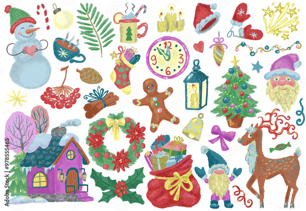 Naklejka premium Design set with watercolor objects and elements for christmas and new year holidays isolated on white. Seasonal greetings concept. Colorful cartoon doodle illustrations and cliparts