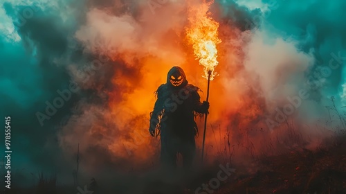 Pumpkin head warrior holding fire torch surrounded by thick dark smoke