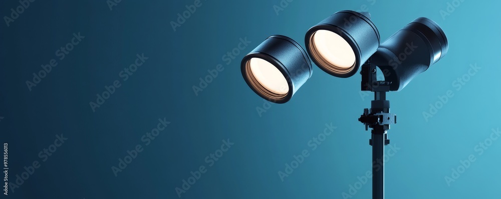 Modern lighting setup featuring three professional lamps on a sleek stand, perfect for photography and creative spaces.