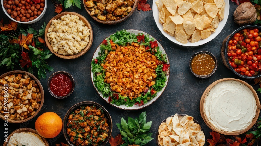 An overhead view of a festive spread featuring diverse bowls of colorful foods and ingredients on a dark background. An overhead view of a festive spread featuring diverse bowls of colorful foods and ingredients on a dark background.