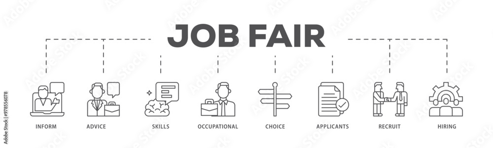 Job fair infographic icon flow process which consists of the information, advice, skills, occupational, applicants, recruit, and hiring icon live stroke and easy to edit Job fair infographic icon flow process which consists of the information, advice, skills, occupational, applicants, recruit, and hiring icon live stroke and easy to edit