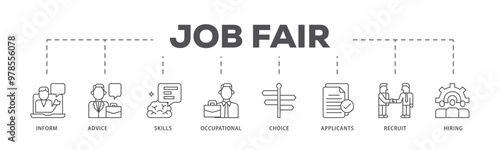 Job fair infographic icon flow process which consists of the information, advice, skills, occupational, applicants, recruit, and hiring icon live stroke and easy to edit 