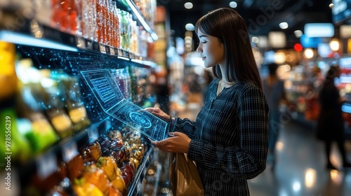 A woman interacts with a digital device while shopping in a modern grocery store filled with colorful produce and beverages.