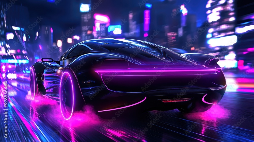 Neon Futurism - Vibrant Cityscape with Flying Cars and Copy Space for Text Neon Futurism - Vibrant Cityscape with Flying Cars and Copy Space for Text