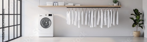 Modern laundry room with a washing machine, white clothes hanging, and a green plant for a fresh and organized home environment.