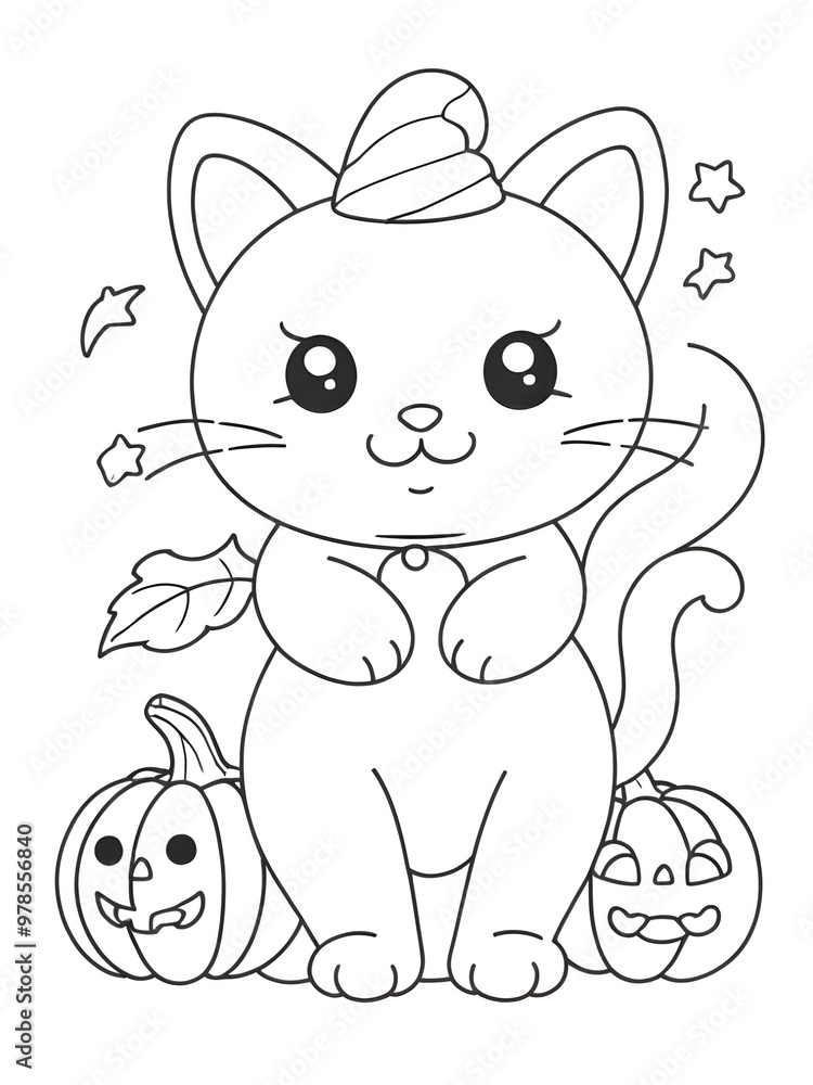 Naklejka premium halloween cartoon kitty coloring book page
