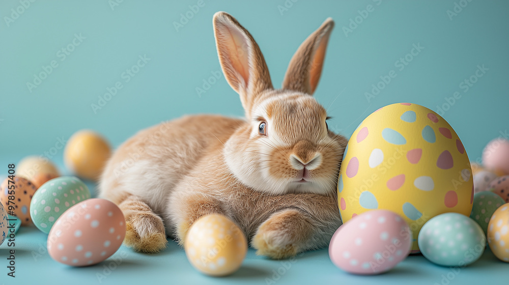 A relaxed bunny lounging against a large, colorful Easter egg with a simple background A relaxed bunny lounging against a large, colorful Easter egg with a simple background