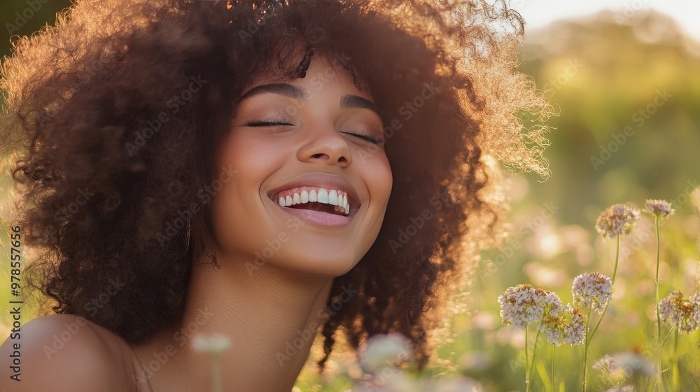 Close-up Portrait of a Woman with Curly Hair Smiling in a Field of Flowers Close-up Portrait of a Woman with Curly Hair Smiling in a Field of Flowers