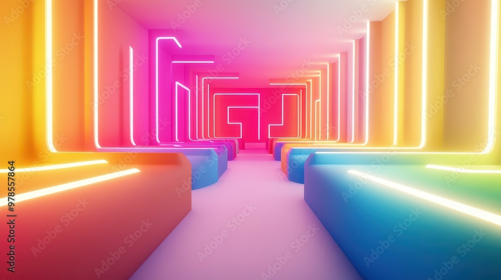 Immerse yourself in a neon maze, where walls shine bright with vivid colors, creating a futuristic and playful atmosphere. Immerse yourself in a neon maze, where walls shine bright with vivid colors, creating a futuristic and playful atmosphere.