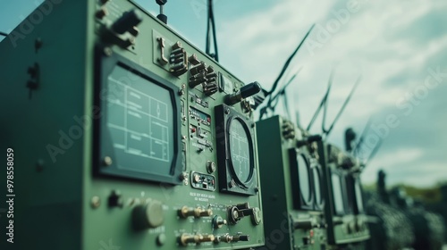 A row of military communication devices with screens and antennas for signal processing.