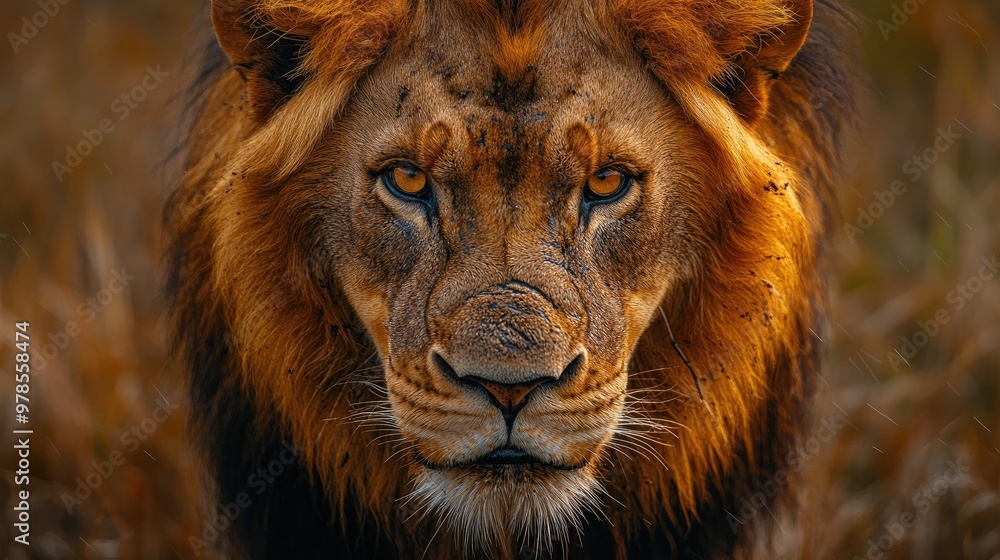 Powerful male lion staring intensely in the wilderness Powerful male lion staring intensely in the wilderness