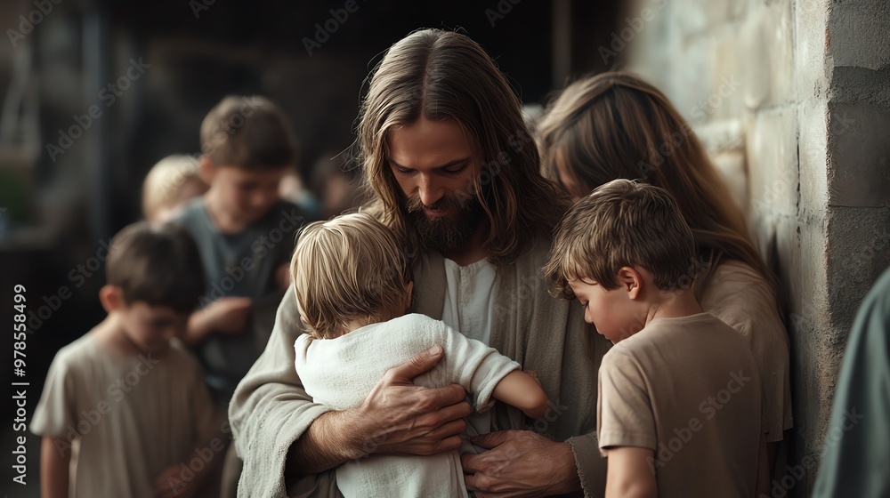 A warm scene depicting a figure of compassion surrounded by children, symbolizing love, faith, and community connection. A warm scene depicting a figure of compassion surrounded by children, symbolizing love, faith, and community connection.