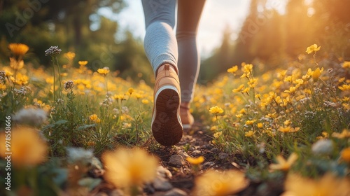 Woman hiking on a trail through a field of wildflowers