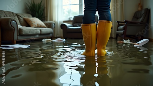 A woman in yellow boots is standing in a flooded room