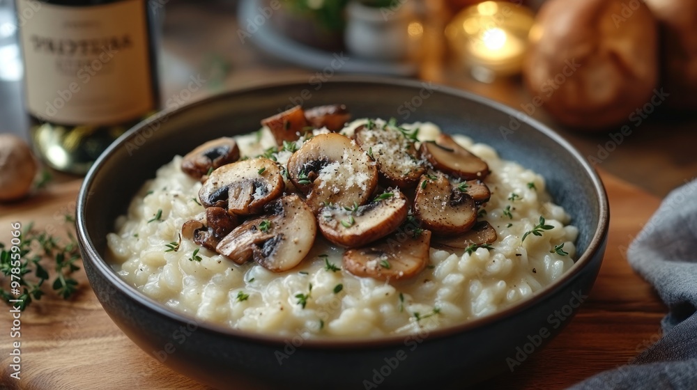 Creamy mushroom risotto garnished with herbs and cheese. Creamy mushroom risotto garnished with herbs and cheese.