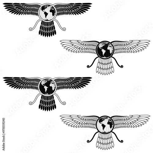 Zoroastrian winged solar disk with planet earth