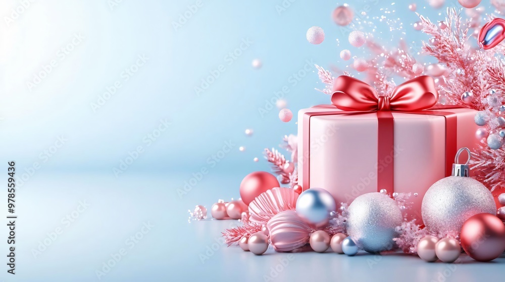 Festive gift box with pink ribbon surrounded by colorful ornaments, perfect for holiday celebrations and cheerful decorations. Festive gift box with pink ribbon surrounded by colorful ornaments, perfect for holiday celebrations and cheerful decorations.