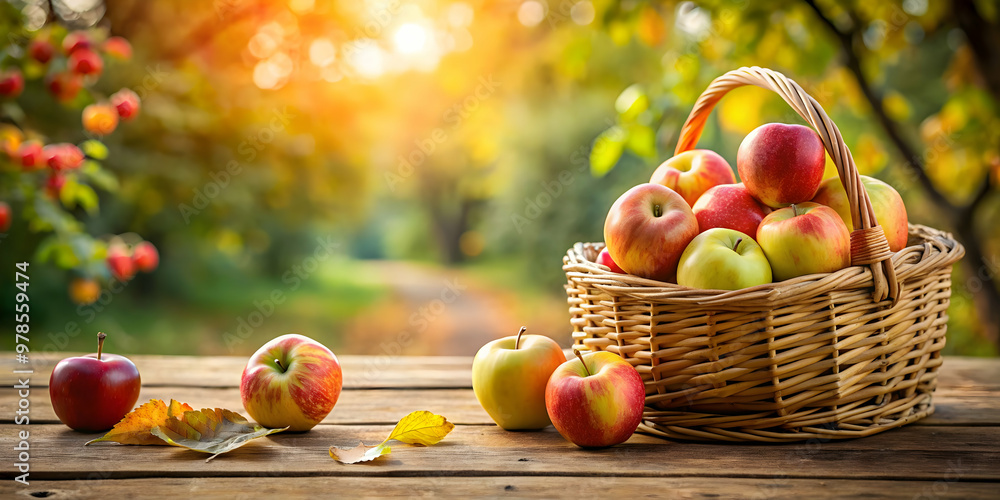 A basket of apples on a farm table, with copy space in the distance for a harvest greeting A basket of apples on a farm table, with copy space in the distance for a harvest greeting