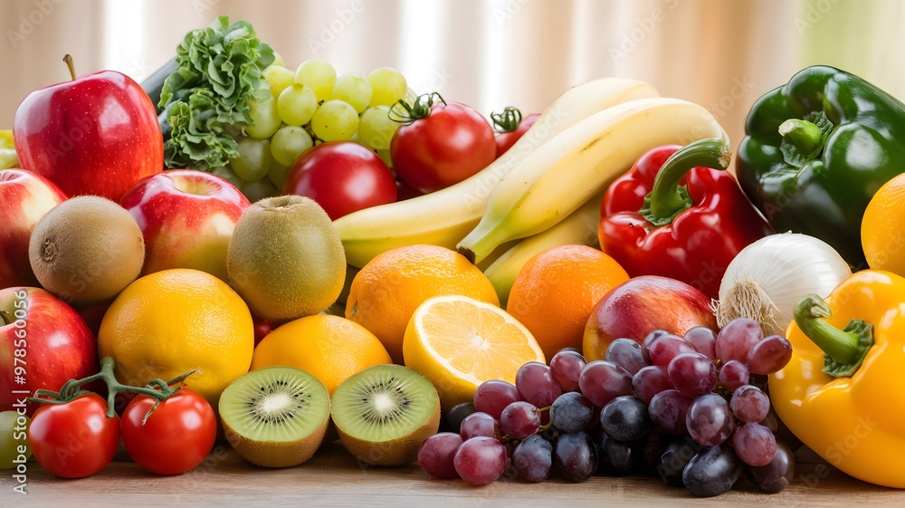 Close-up of vibrant fresh fruits and vegetables arranged in a balanced layout on a wooden table, symbolizing healthy gut nutrition and natural wellness Close-up of vibrant fresh fruits and vegetables arranged in a balanced layout on a wooden table, symbolizing healthy gut nutrition and natural wellness