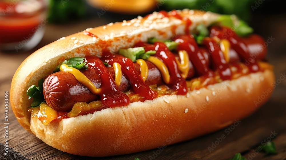 Hot dog covered with mustard and relish is waiting to be eaten Hot dog covered with mustard and relish is waiting to be eaten