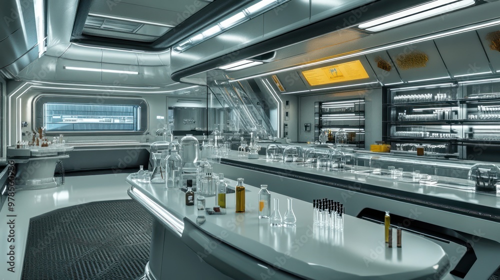 A futuristic laboratory with various glassware and scientific equipment for research purposes. A futuristic laboratory with various glassware and scientific equipment for research purposes.
