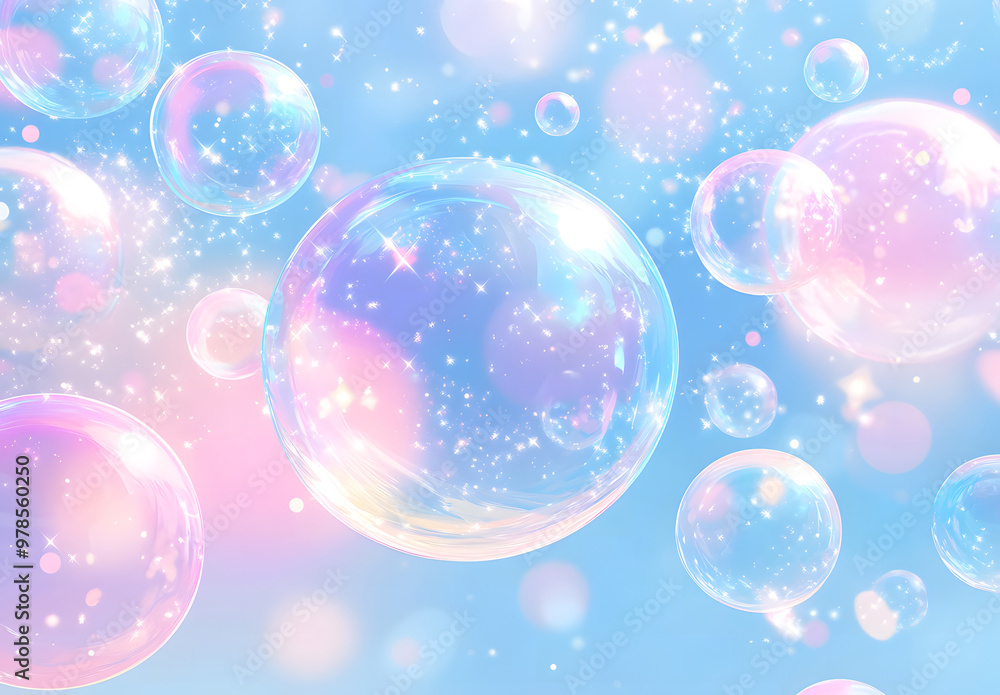 Soft Pastel Bubbles Floating in a Dreamy Light Blue Sky with Sparkling Effects Soft Pastel Bubbles Floating in a Dreamy Light Blue Sky with Sparkling Effects