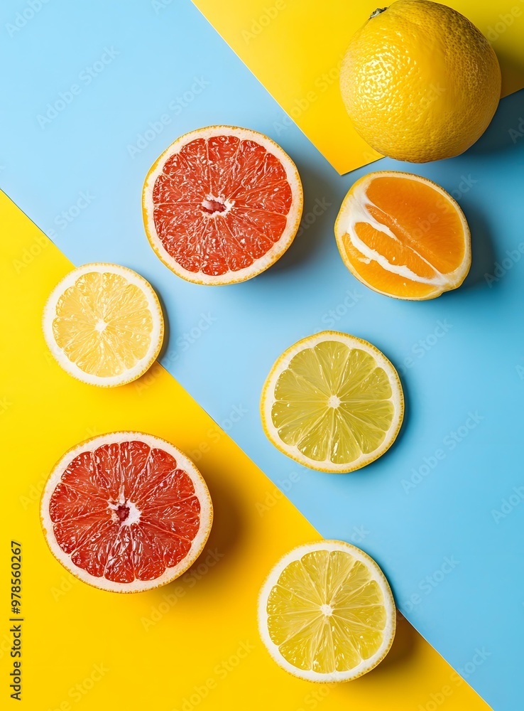 Fresh Citrus Fruits on a Yellow and Blue Background Fresh Citrus Fruits on a Yellow and Blue Background