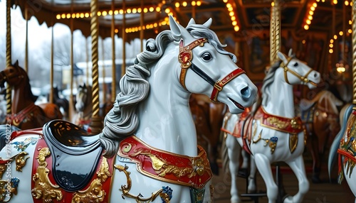 whimsical carousel featuring diverse mythical creatures as unique horseback rides