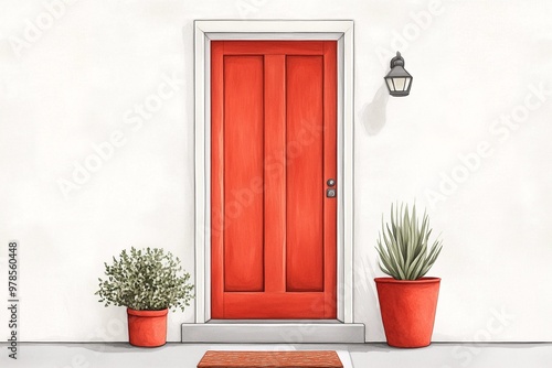 Minimalist Watercolor Front Door with a Welcome Mat, Symbolizing Hospitality and Homecoming