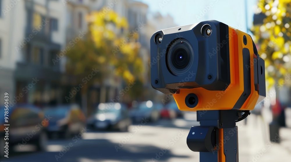 A high-tech 3D camera set on a tripod, capturing urban street scenes with vibrant autumn colors in the background. A high-tech 3D camera set on a tripod, capturing urban street scenes with vibrant autumn colors in the background.