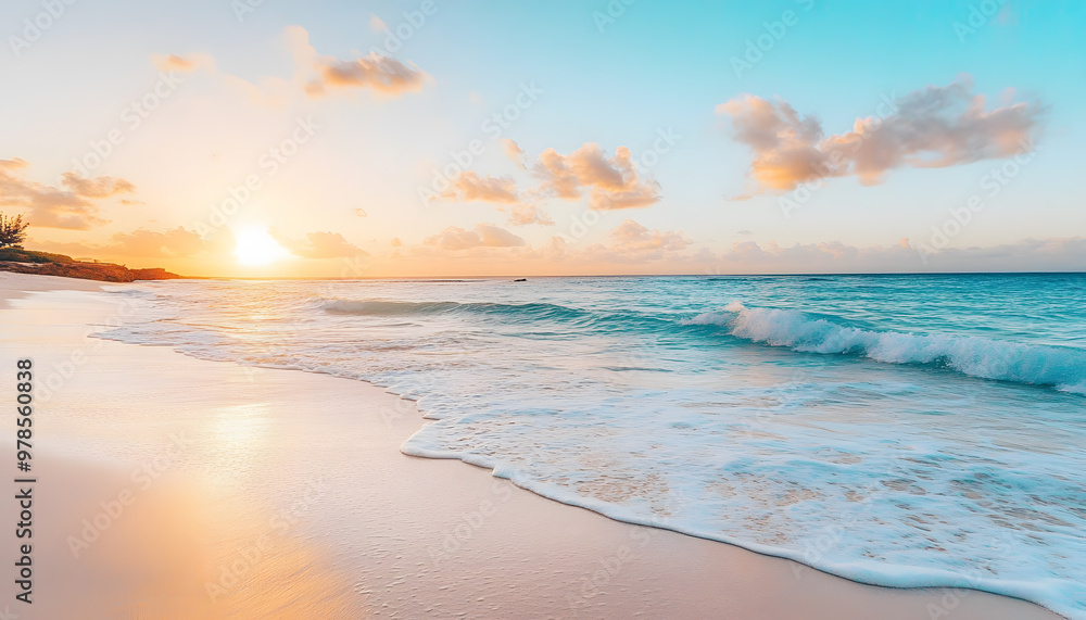 Obraz premium Crystal-clear turquoise waters with gentle waves lapping at a pristine beach under a golden sunset