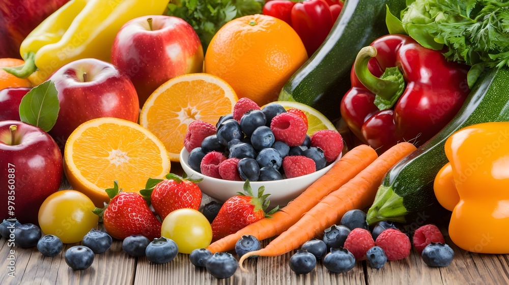 Close-up of vibrant fresh fruits and vegetables arranged in a balanced layout on a wooden table, symbolizing healthy gut nutrition and natural wellness Close-up of vibrant fresh fruits and vegetables arranged in a balanced layout on a wooden table, symbolizing healthy gut nutrition and natural wellness