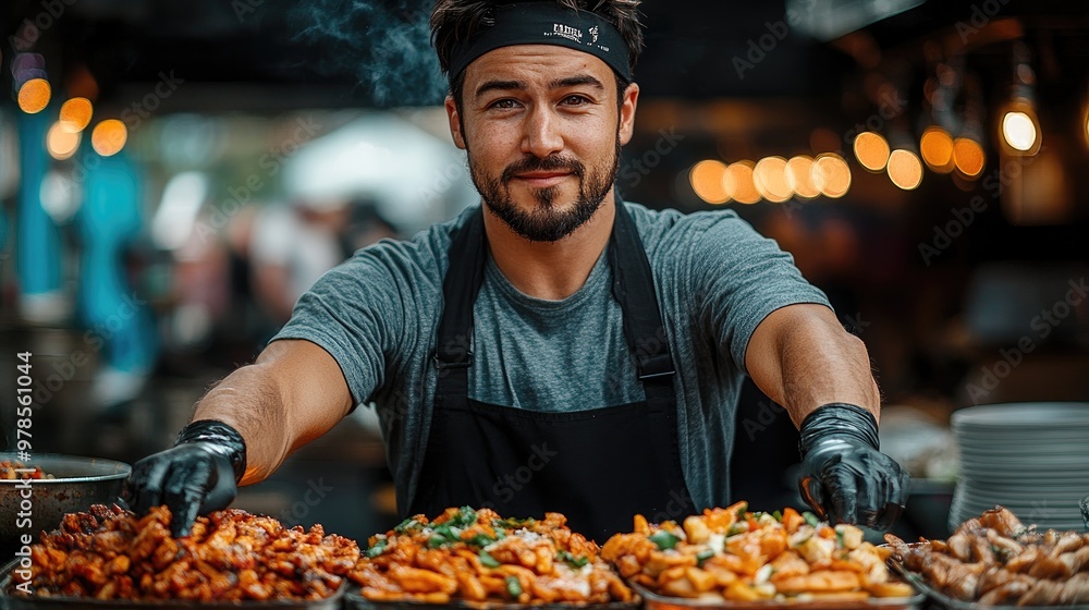 Handsome chef presenting street food dishes at night market Handsome chef presenting street food dishes at night market