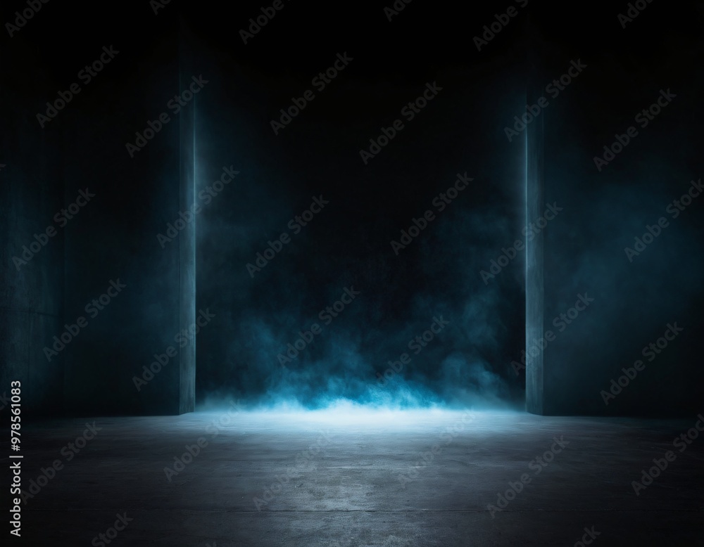 Abstract image of dark room concrete floor. Black room or stage background for product placement. Panoramic view of the abstract fog. White cloudiness, mist. Ai generated image. Abstract image of dark room concrete floor. Black room or stage background for product placement. Panoramic view of the abstract fog. White cloudiness, mist. Ai generated image.