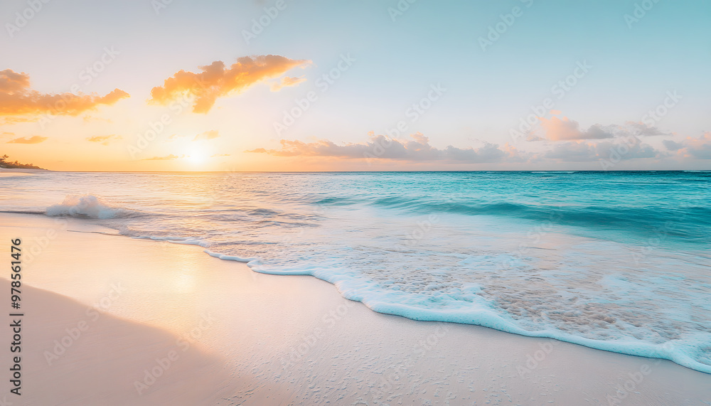 Obraz premium Crystal-clear turquoise waters with gentle waves lapping at a pristine beach under a golden sunset